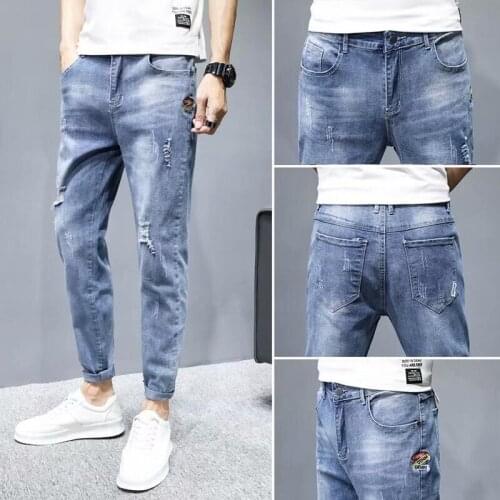 Fashion 2021 Light-colored denim jeans mens autumn thin ripped embroidery pants boys brand all-match slim teenager pencil pants