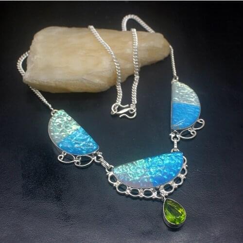 Fashion Jewelry Blue Dichroic Glass Peridot Silver Color Women Pendant Necklace Chain 18 Inch HD712