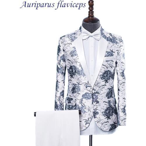 Auriparus flaviceps Floral Groom Tuxedos 2 Pieces Groomsman Suit Costumes white pant Printed Suits Performance Man Suits Stage