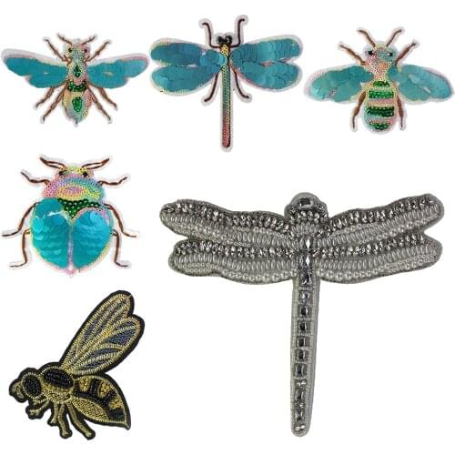 Embroidery Bee Sequin Insect Patches Large Rhinestones Pearls Dragonfly Sew on Clothes Badge Appliques DIY Accessories T2252
