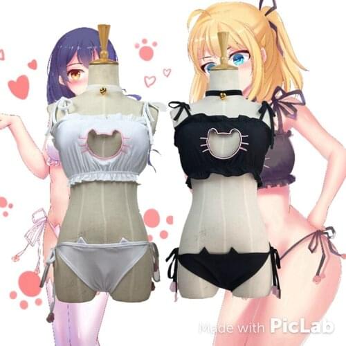 New Arrive Cute Sexy Kawaii Cat Embroidery Meow star Keyhole Hollow Bra And Underwear Love live Anime Cosplay Lingerie Set