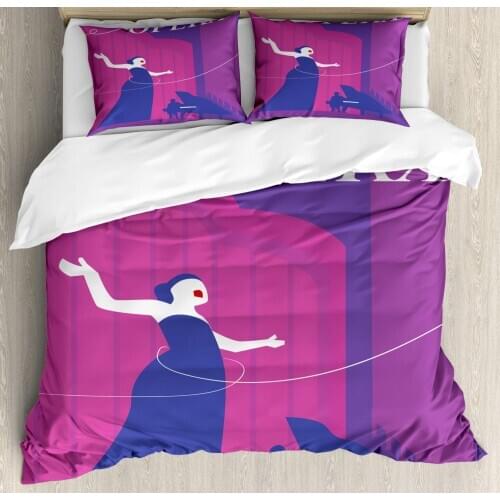 Opera Duvet Cover Set Graphic with Singing Woman and Pianist 3 Piece Bedding Set Dark Violet Dark Magenta Blue Violet