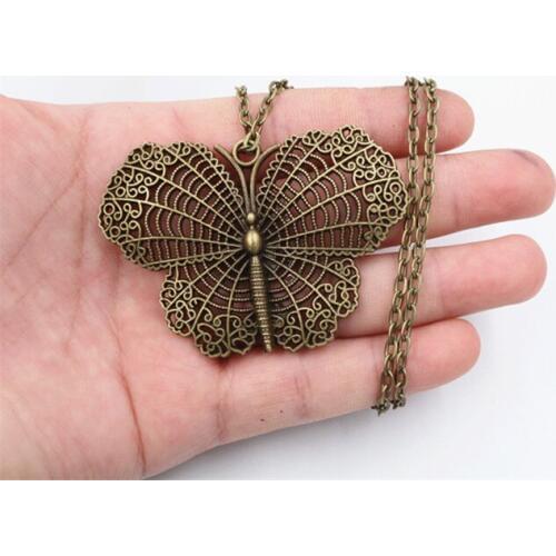 New Fashion Simple Antique Bronze 68*49mm Butterfly Pendant Necklace , 70cm Chain Long Necklace