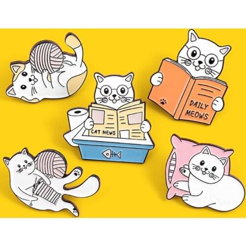 Custom Cat Kitten Cats Daily Enamel Pin Knitting Reading Playing Pillow Brooches Bag Lapel Pin Animal Badge Cute Jewelry Gift