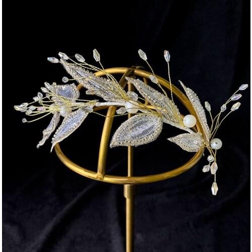 Simple Leaf Wedding HeadbandsTiaras Pearls Women Hairbands Handmade Bridal Accessories Hair Ornament diademas para el pelo mujer