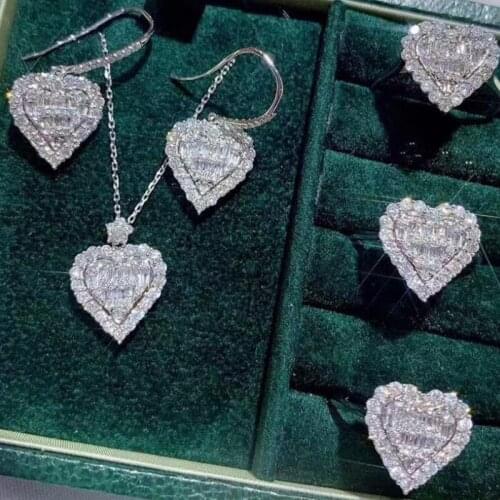 QTT Exquisite Cubic Zirconia Bridal Jewelry Set Solid 925 Sterling Silver Heart Shape Ring Earring Neckalce Ladies Jewelry Set