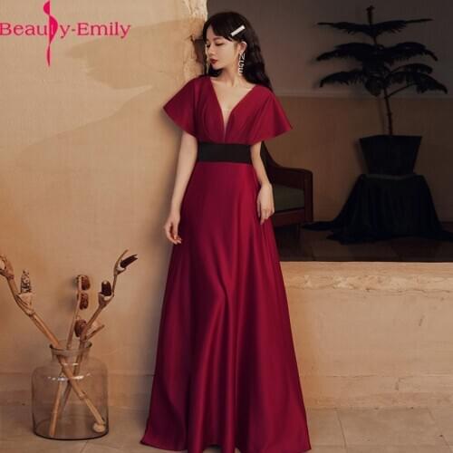 Romantic Burgundy V Neck Short Sleeve Evening Dress Long 2020 Sexy Zipper Back Simple Satin Party Wear Dresses for Women