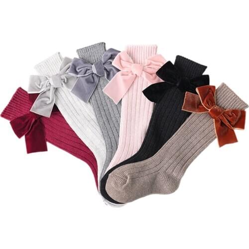 Baby Girls Knitted Warm Knee High Socks Bowknot Anti-Slip Solid Mid Knee High Tube Soft Cotton Long Leggings