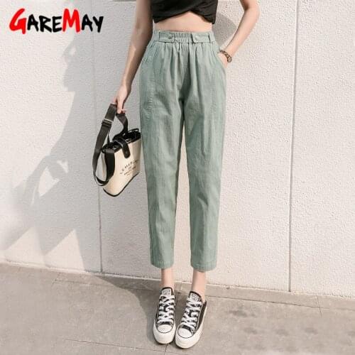 2021 Summer Womens Cropped Trousers Classic Capri Pants Plus Size Casual Cotton Linen Pants for Girl Ankle Length Pencil Pants
