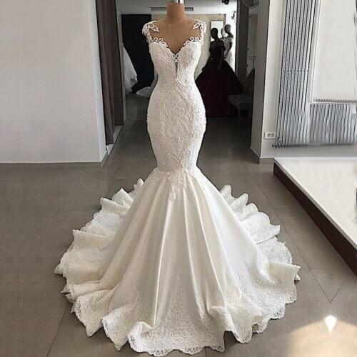 Vestidos De Novia Luxury Cap Sleeve Mermaid Wedding Dresses Beaded Lace Satin Bride Wedding Gowns Dress Robe De Mariee