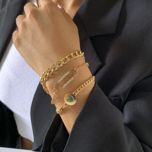 3PCS/SET Cute Heart Gold Color Link Chains Crystals Bracelet Bangles Sets for Women Punk Style Rhinestones Bracelet Jewelry