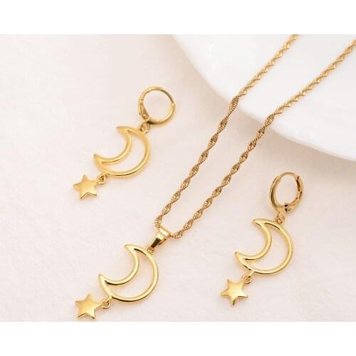 Bangrui New Fashion Sweet Moon Star Glod Plated Pendant Necklaces Earrings Temperament Crescent Clavicle Chain Jewelry Set