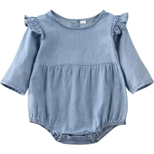 Free shipping Newborn Baby Boy Girl clothes Ruffle solid lovely casual Bodysuit round neck long sleeve Denim Playsuit one pieces