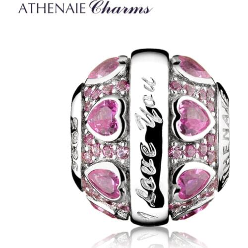 ATHENAIE 925 Sterling Silver Pink CZ I Love You Hearts Charms For Original Bracelets Valentines Day DIY Women Beads Color Pink