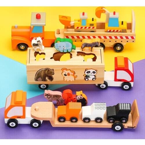 Wood Toy Engineering Vehicle Big Truck Cognitive Animal Wooden Diecast Car Model Sliding Educational Toy Car Childrens Gifts