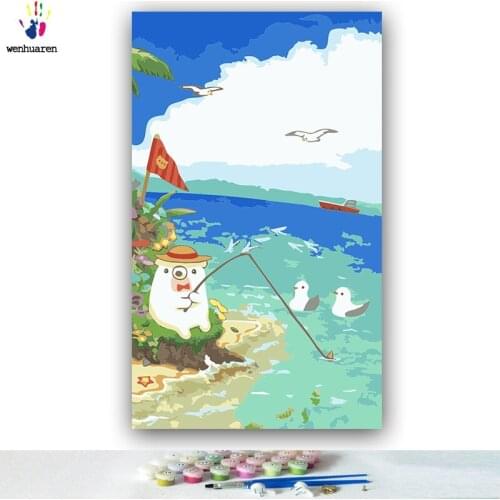 DIY colorings pictures by numbers with colors Panda fishing by the sea picture drawing painting by numbers framed Home