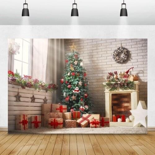 Christmas Tree Fireplace Wreath Gift Candle Flower Window Carpet Baby Party Portrait Photo Backgrounds Photographic Backdrops