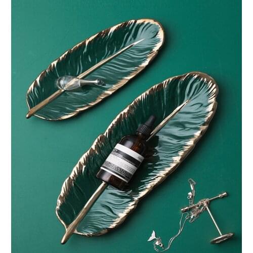 Ceramic Dessert Plate Jewelry Christmas Plates Gold Edge Banana Leaf Shaped Dish Home Kitchen Use