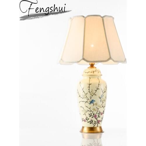 Chinese Style Ceramic LED Table Lamp Bedside Bedroom Hotel Villa Fabric Metal Bronze Table Lamp Art Decor Table Light Fixtures