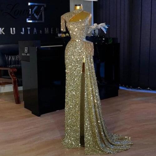 Lowime Shiny Sequin Silver One Shoulder Party Dresses For Weddings 2021 Customized Long Mermaid Evening Gowns Robes Prom Dress