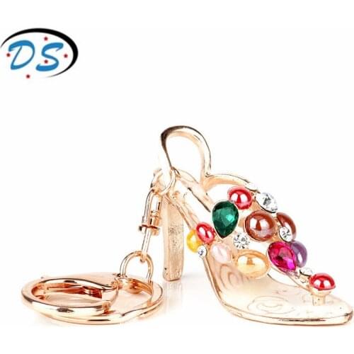 Fashion Jewelry Creative Summer High Heel Shoe Keychain Colorful Beads Rhinestones Keyring for Women Handbag Key Chain chaveiro