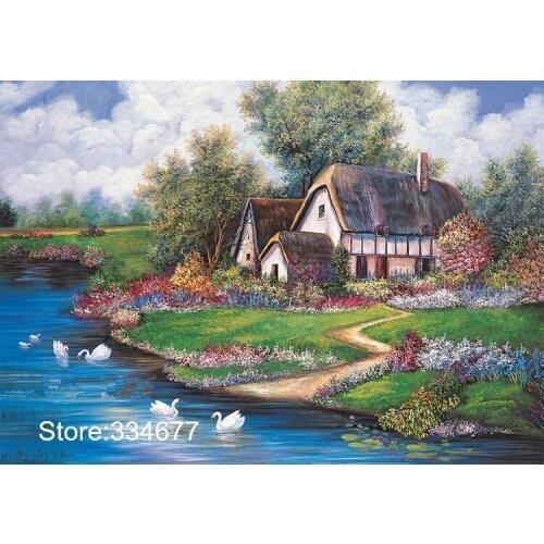 Cross Stitch Kits Lush Spring Swan Lake Scenery Crafts Art Needlework 14CT Unprinted Embroidered Handmade Wall Home Decor