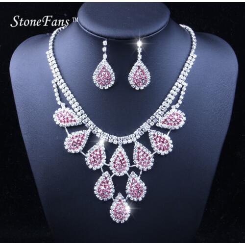 StoneFans Wedding Necklace Cubic Zircon Rhinestone Bridal Necklace And Earrings Set Jewelry Shop Braids Accented Teardrop Sets