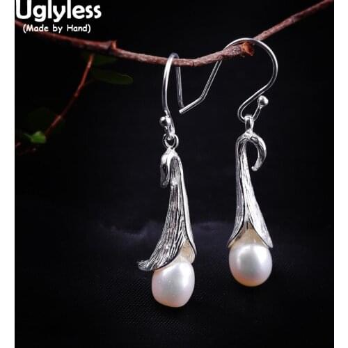Uglyless Freshwater Natural Pearls Earrings for Women Morning Glory Flower Fashion Dress Jewelry Matte 925 Silver Retro Brincos