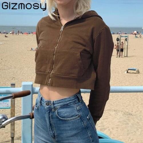 Gizmosy Spring Fashion Women Cropped Sweatshirts 90s Longslive Female Streetwear Brown Aesthetics Zip Up Hoodies Harajuku