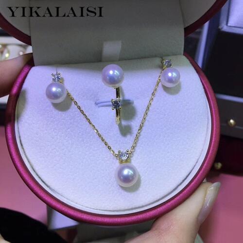 YIKALAISI 925 Sterling Silver Jewelry Pearl Sets 2020 Fine Natural Round Pearl jewelry 7-9mm Pearl Set For Women wholesale