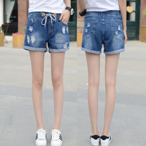 2017 high waist loose hole denim shorts female summer loose students wide leg leisure