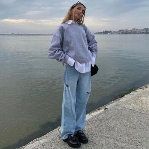 B-TOTO American Retro Light Color High Waist Straight Denim Ripped Pants Women Ins Tide Loose Trousers 2021 New Fashion