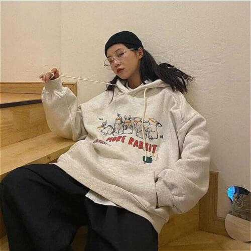Women Hoodies New Loose Pocket Printing Velvet Warm Thick Student Casual Harajuku Streetwear Pullovers Sweatshirts