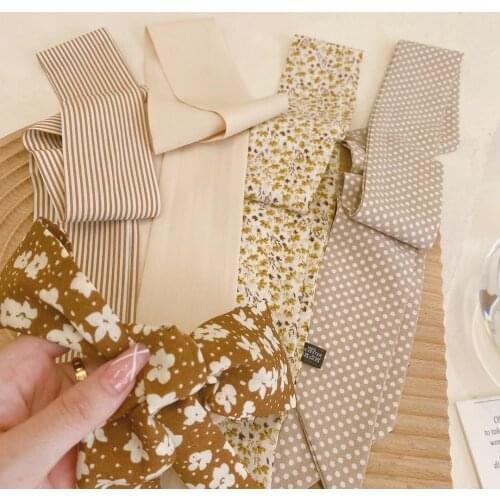 Luna&Dolphin Women Long Scarf 90x5cm Yellow Khaki Flower Dot Strip Peinted Twill Satin Silky Feeling Hair Bag Ribbon Headbands