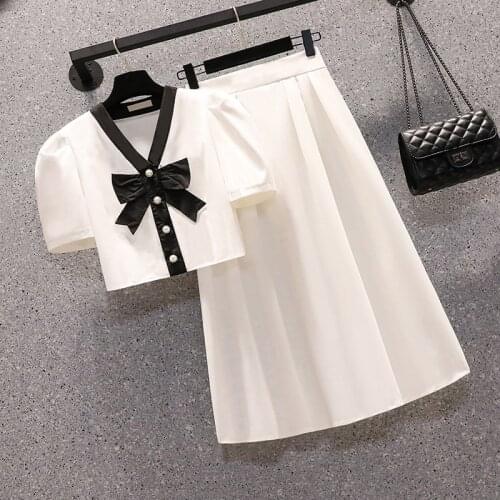 Large Size Summer Retro V-neck Bow Shirt + Pleated Skirt Two Piece Set Chic Elegant Ensemble Femme Survetement Clothes For Women