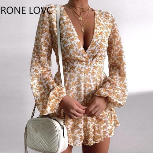 Women Elegant Fashion Sweet Floral Print V-neck Long Sleeve Dress Mini Dress Bodycon Dress