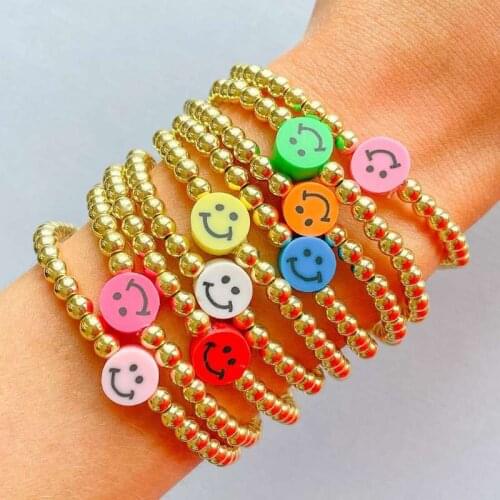 10PCS, Smiley Face Polymer Clay Beads Bracelet For Women Bohemian Femme Jewelry Gold Color Beads High Quality Bracelets