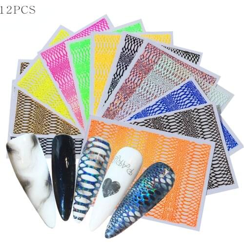 12Pcs Snake Pattern Nail Stickers Holographic Hollow Out Nail Art Decorations 3D Strip Line Foil For Manicure Snake Skin Sticker