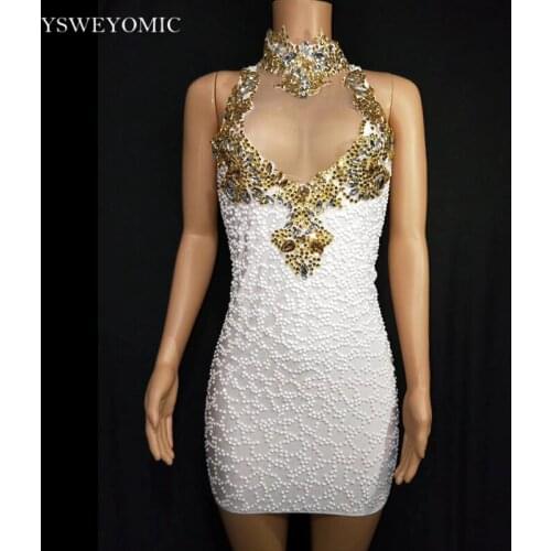 2021 Sparkly Gold White Rhinestones Sleeveless Short Dress Women Birthday Celebrate Prom Party Night Outfit Singer Stage Wear