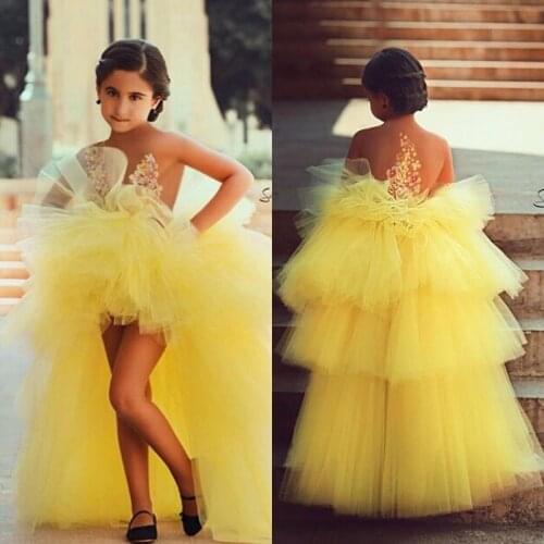 2021 Latest Arrival Lovely Yellow Flower Girls Dresses Ball Gown High Low Sleeveless Holy Communion Gowns Tiered Skirt Appliqued