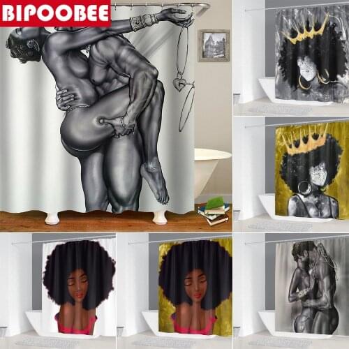 Afro Couple Black Lover Shower Curtains African American Women Bathroom Curtain with Hooks Durable Washroom Bathtub Decoration