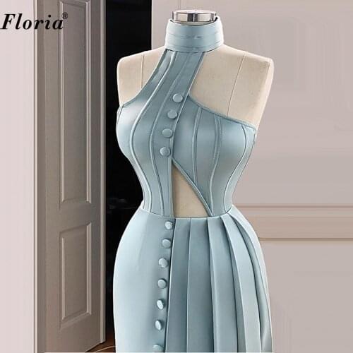 Arabic Simple Light Blue Prom Dresses A-Line Floor Length Dubai Cocktail Party Dresses Evening Wear Haute Couture Daily Wear