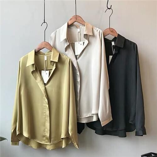 2021 Summer Autumn Casual Blouse Women Fashion Long Sleeves Tops Vintage Femme V Neck Shirts Elegant Sexy Silk Blouse