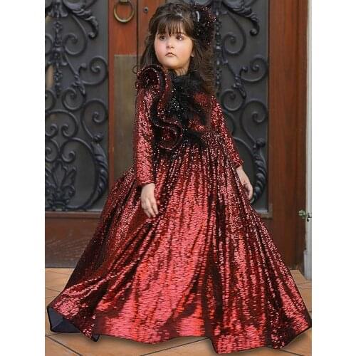 Burgundy Sparkly Flower Girl Dresses Sequined Long Sleeves Little Girl Pageant Dresses Wedding Dresses Cheap Communion Gowns V34