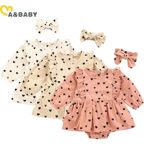 Ma&Baby 0-24M Spring Autumn Newborn Infant Baby Girl Rompers Long Sleeve Heart Print Ruffles Jumpsuit Valentines Day Outfits