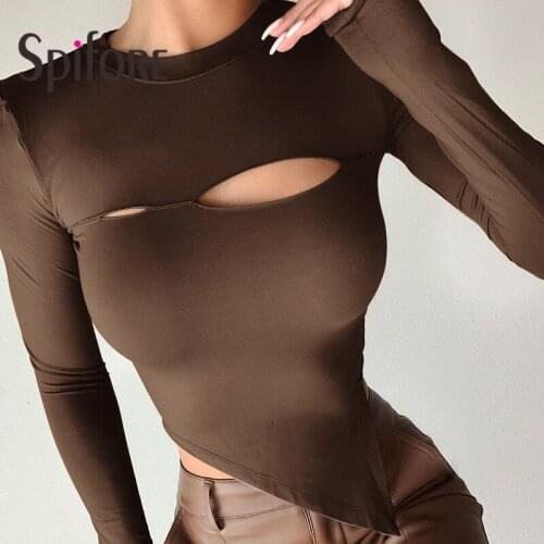 Spifore Hollow Out Sexy Crop Tops Women Fashion Club Brown Black Long Sleeve Tees Shirts Autumn Basic O Neck Casual T Shirt