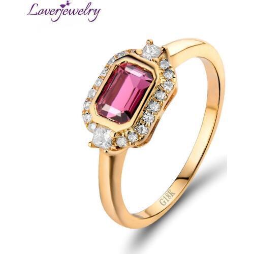 Emerald Cut 4x6mm Pink Tourmaline Wedding Ring Solid 18K Yellow Gold Shinning Diamond Fine Jewelry for Girlfriend Gift