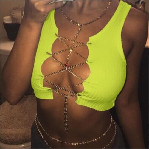 Metal Chain Sleeveless Crop Top Sexy Clubwear Women Adjustable Lace Up Hollow Out Tank Tops Tees Camisole 2021