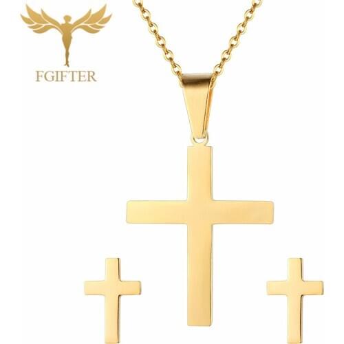 Fashion Stainless Steel Set Golden Color Cross Stud Earrings Pendant Necklace Christian Jewelry Sets Jewelery Adornment