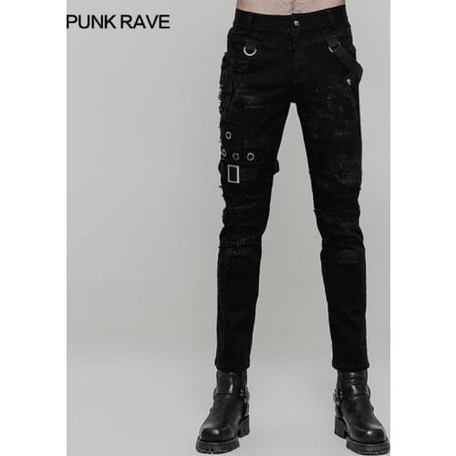 PUNK RAVE Mens Punk Personality Slim-Fitting Vintage Trousers Rock Fashion Casual Ghost Head Rivet Men Denim Pants